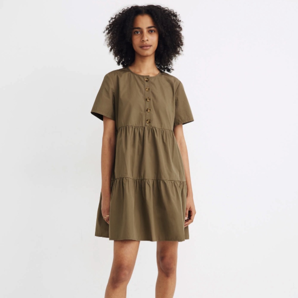 Madewell Button-Front Short-Sleeve Tiered Mini Dress